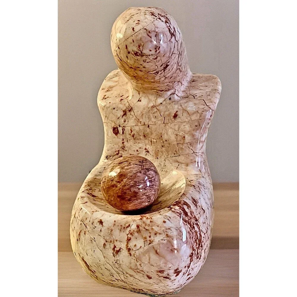 VINTAGE PINK MARBLE SCULPTURE- Abstract Mother & Child, Mid Century Modern 7